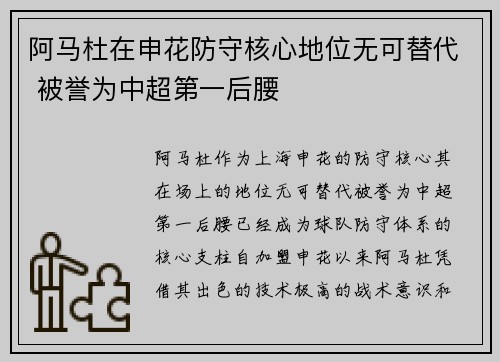 阿马杜在申花防守核心地位无可替代 被誉为中超第一后腰 阿马杜在申花防守核心地位无可替代 被誉为中超第一后腰