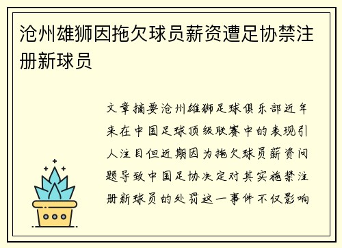 沧州雄狮因拖欠球员薪资遭足协禁注册新球员 沧州雄狮因拖欠球员薪资遭足协禁注册新球员